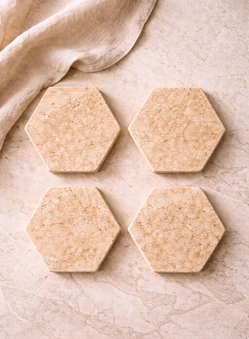 1Chase Hexagon Travertine Coasters Set of 4, Natural Marble Hexagon Drink Coasters, Absorbent Stone Coasters for Coffee Table, Dining Table & Home Décor  | Best Price UAE